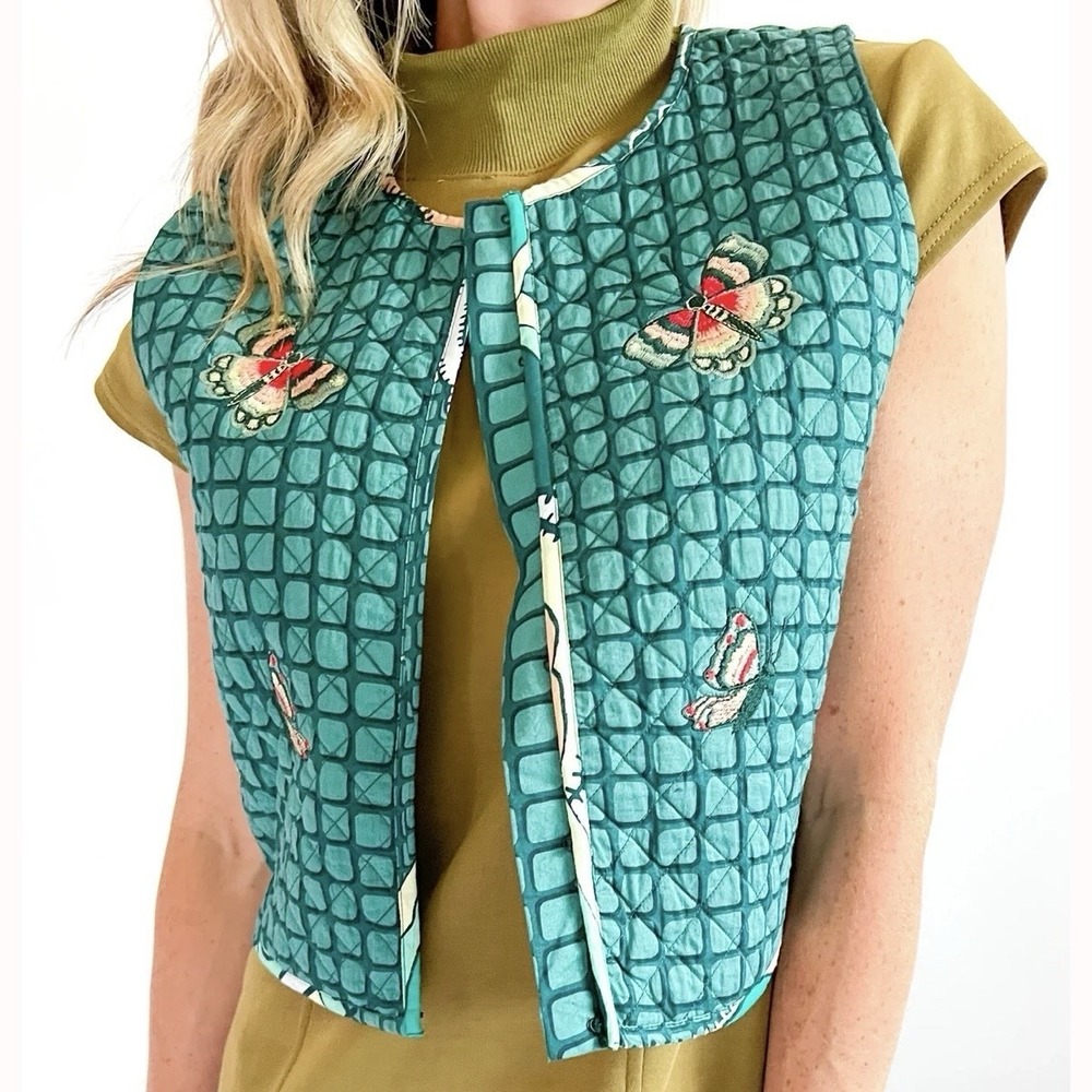 NWT Anna Cate Carmen Vest Emerald Grid Womens LG Cotton Embroidered Butterfly's